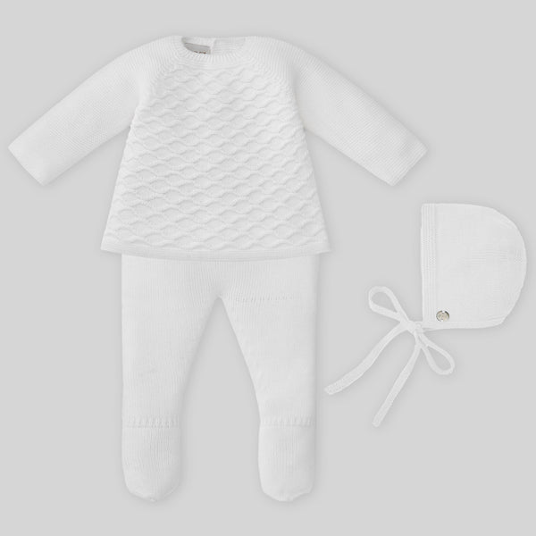 Set Knit Newborn Sweater Pant & Hat - White