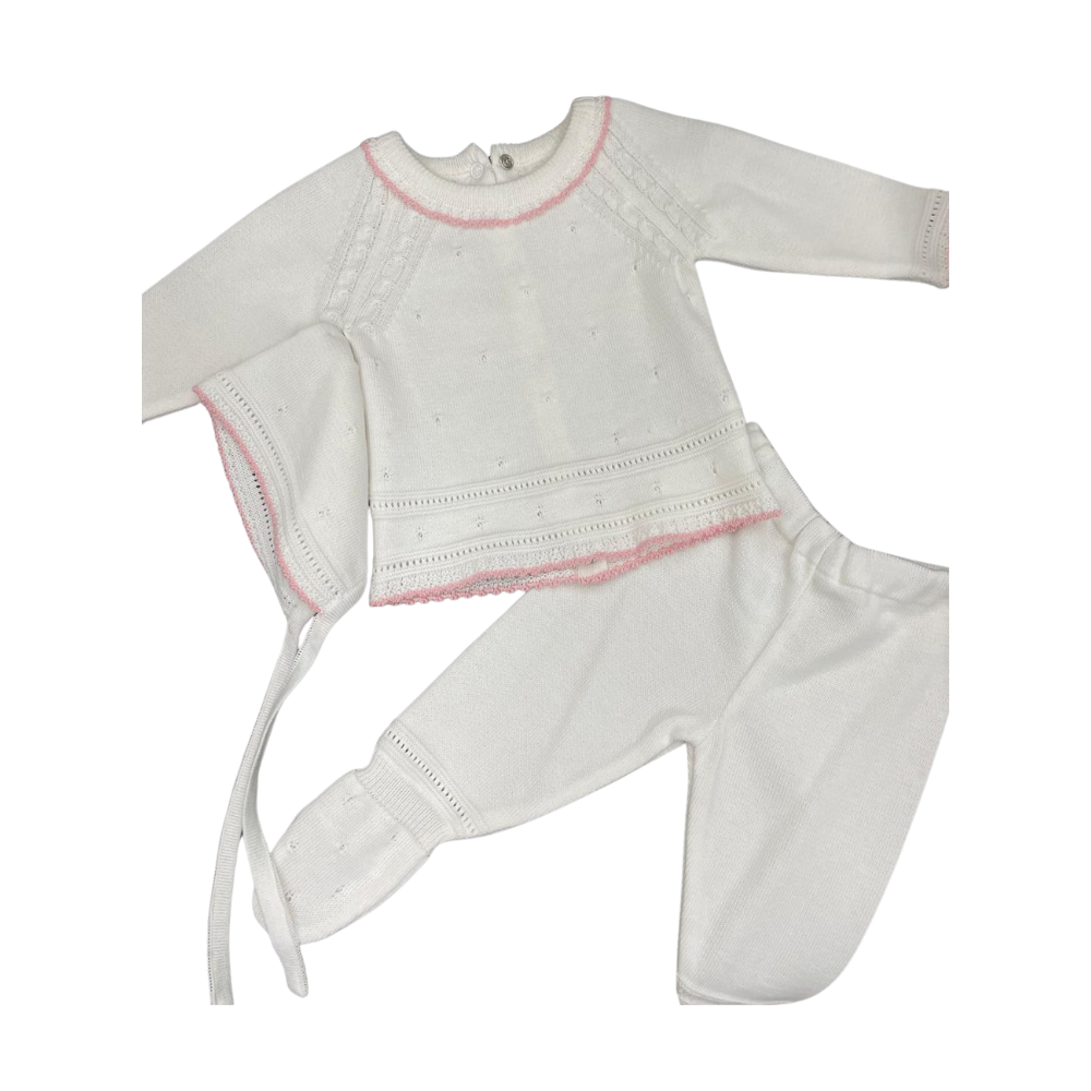 Newborn 3 Piece Knitted Embroidered Set - White/Pink