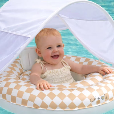 Ali+Oli Baby Swim Seat with Sun Canopy - Tan Checkers