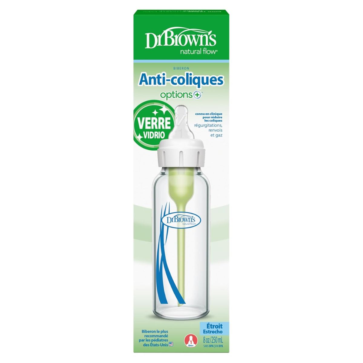 Dr. Brown's - 8Oz Options+ Glass Narrow Baby Bottle, 1Pk