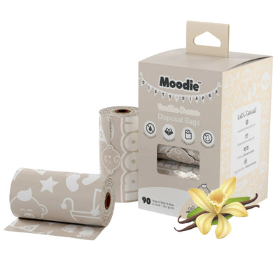 Moodie Baby Disposable Diaper Bags |VANILLA SCENTED - 6 Roll Refill Pack