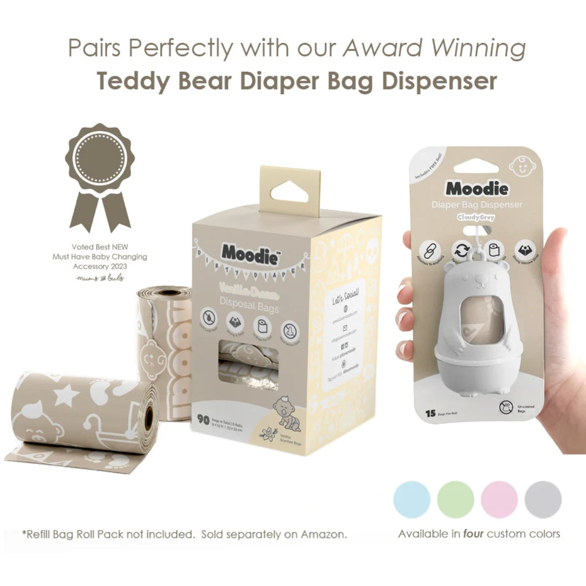 Moodie Baby Disposable Diaper Bags |VANILLA SCENTED - 6 Roll Refill Pack