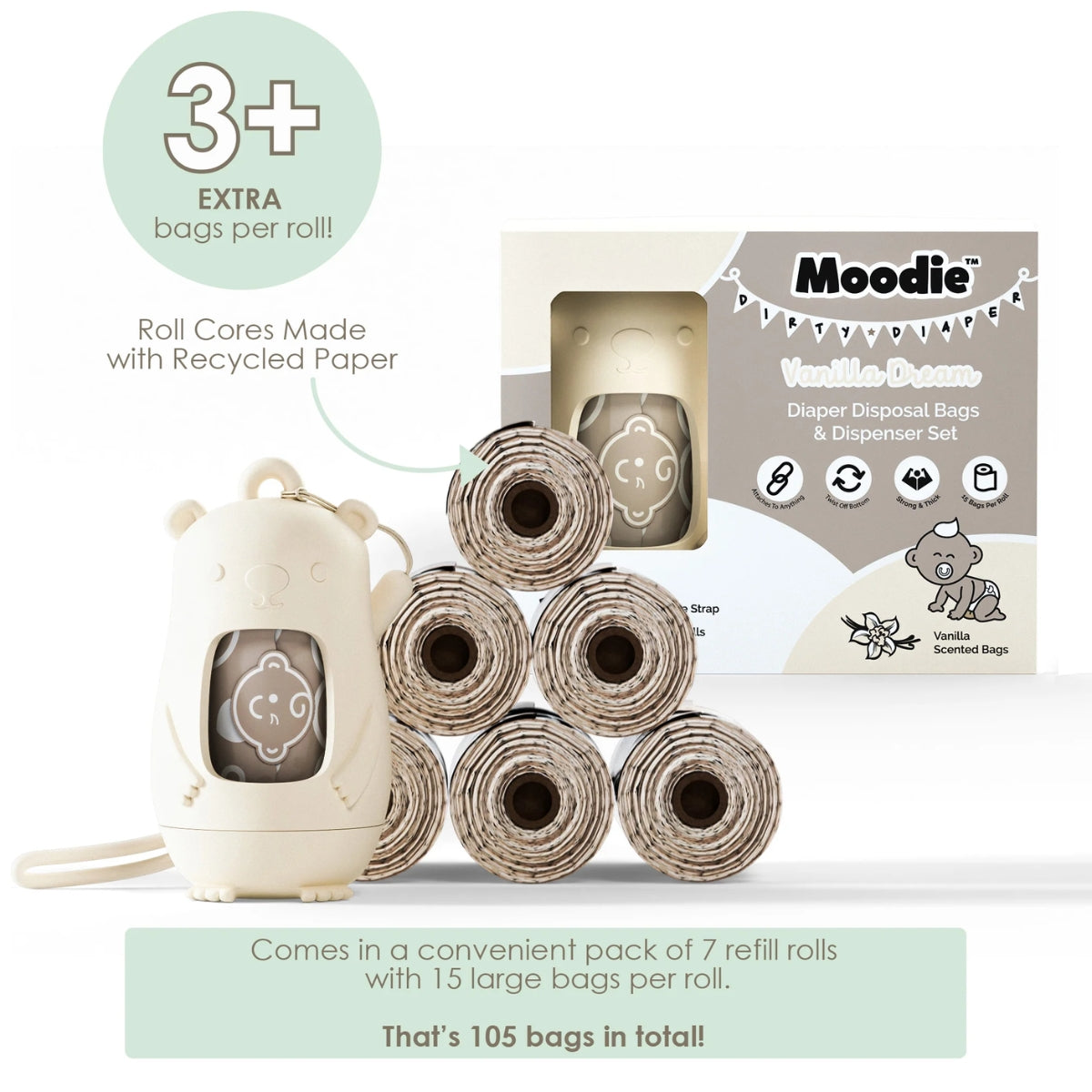 Moodie Teddy Bear Vanilla Dream Dispenser Kit + Disposable Bags