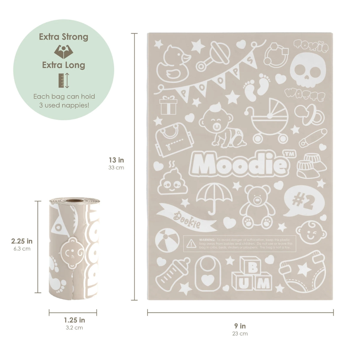Moodie Baby Disposable Diaper Bags | UNSCENTED - 6 Roll Refill Pack