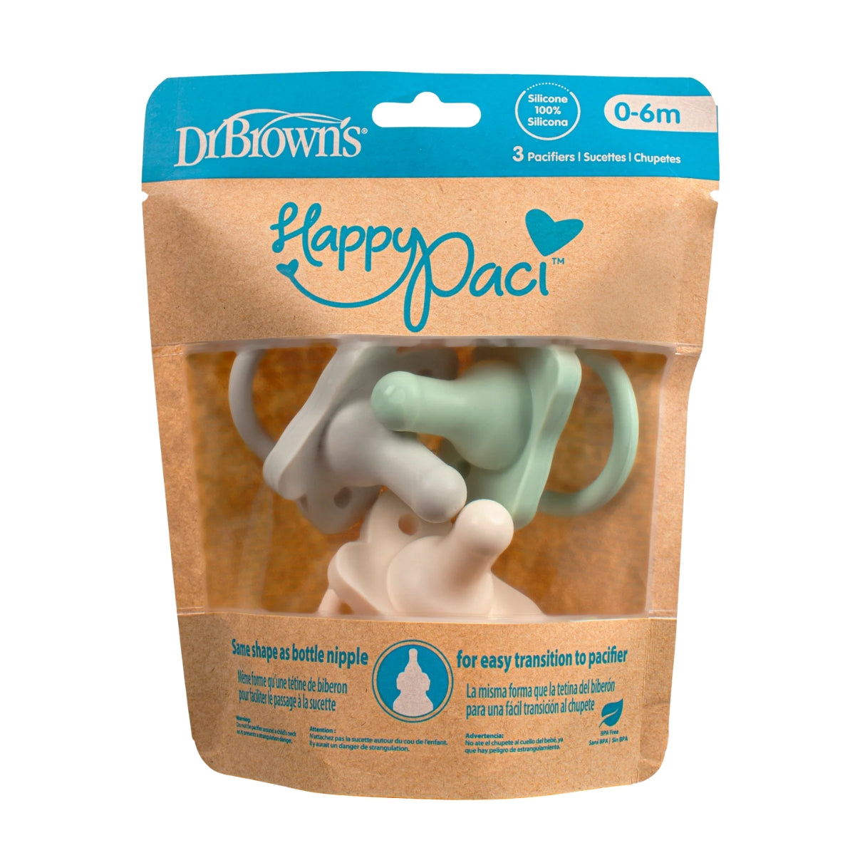 Dr. Brown's HappyPaci One-Piece 100% Silicone Pacifier- 0-6 Months - 3pk Green/Cream/Gray