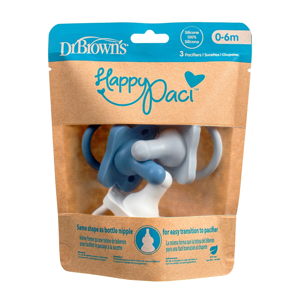 Dr. Brown's HappyPaci One-Piece 100% Silicone Pacifier- 0-6 Months - 3pk Blue/White/Light Blue