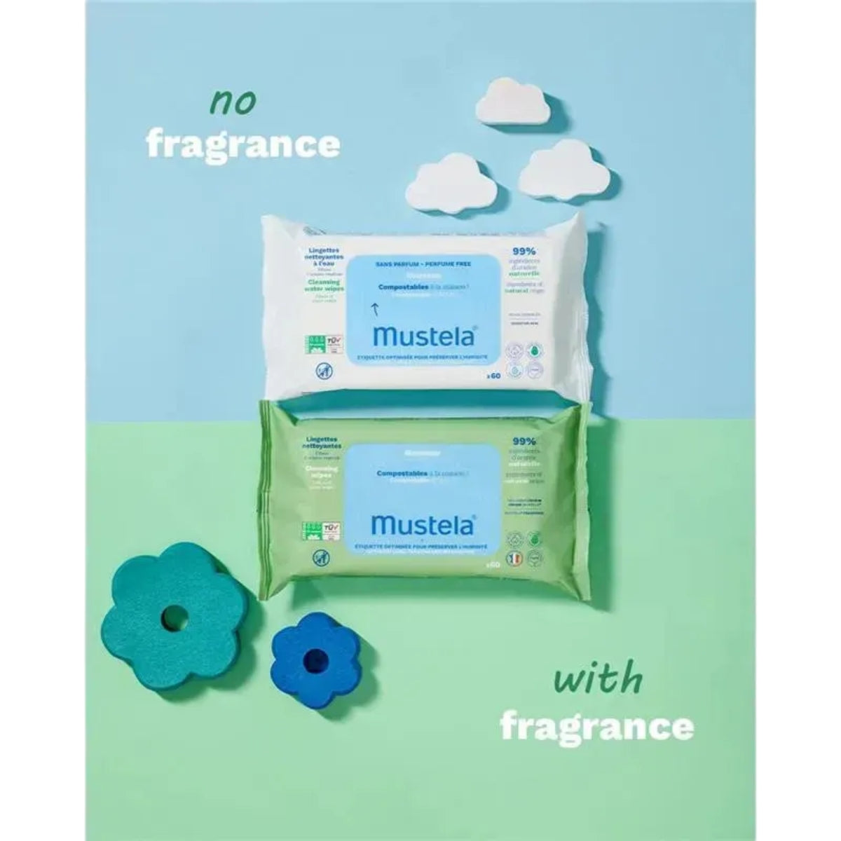Mustela Compostable Cleansing Water Wipes Fragrance Free (60 Count)