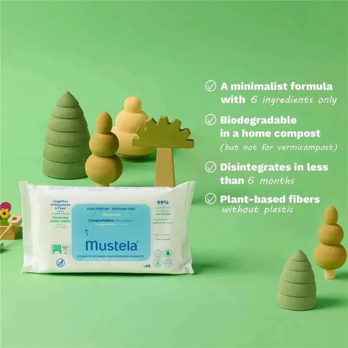 Mustela Compostable Cleansing Water Wipes Fragrance Free (60 Count)
