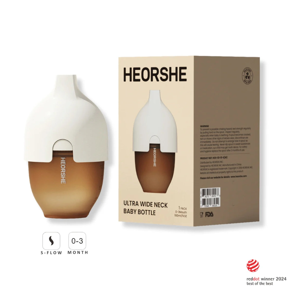 HEORSHE Ultra Wide Neck Baby Bottle 5 OZ - White
