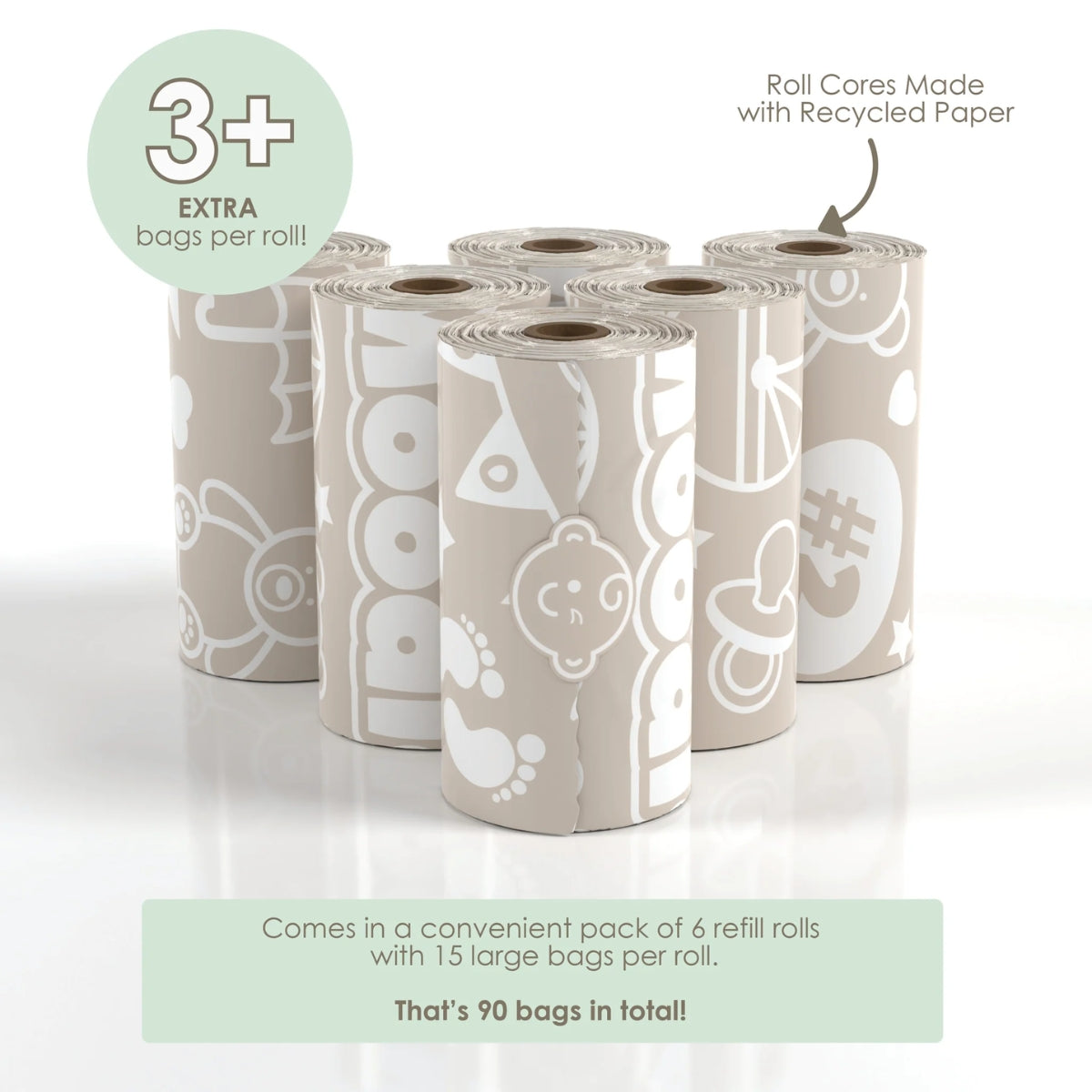 Moodie Baby Disposable Diaper Bags | UNSCENTED - 6 Roll Refill Pack