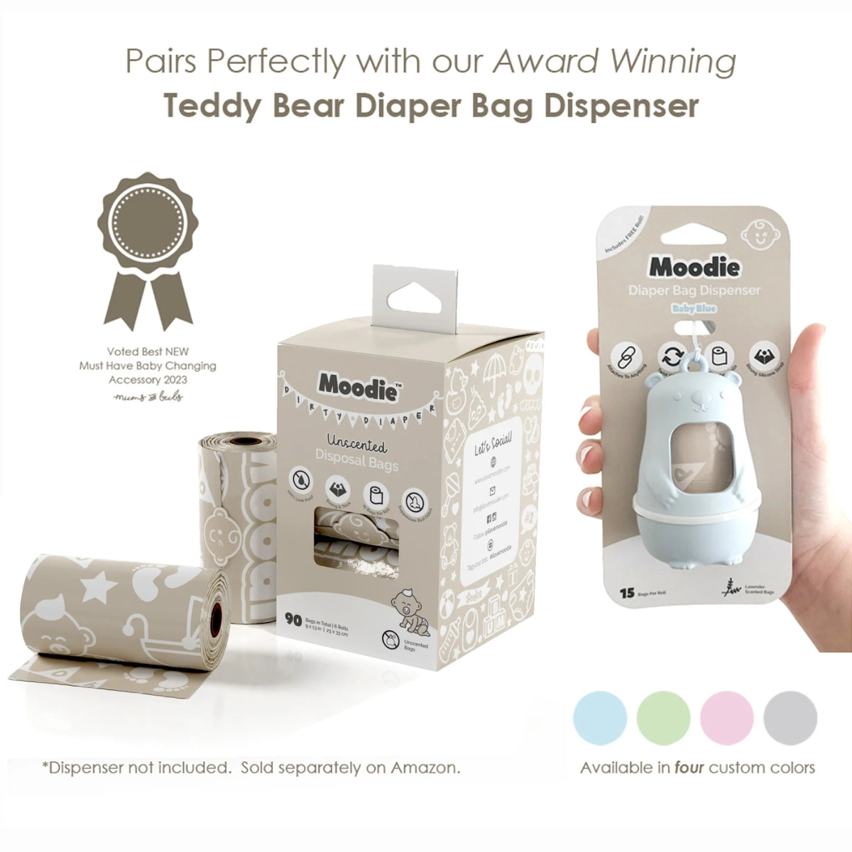 Moodie Baby Disposable Diaper Bags | UNSCENTED - 6 Roll Refill Pack