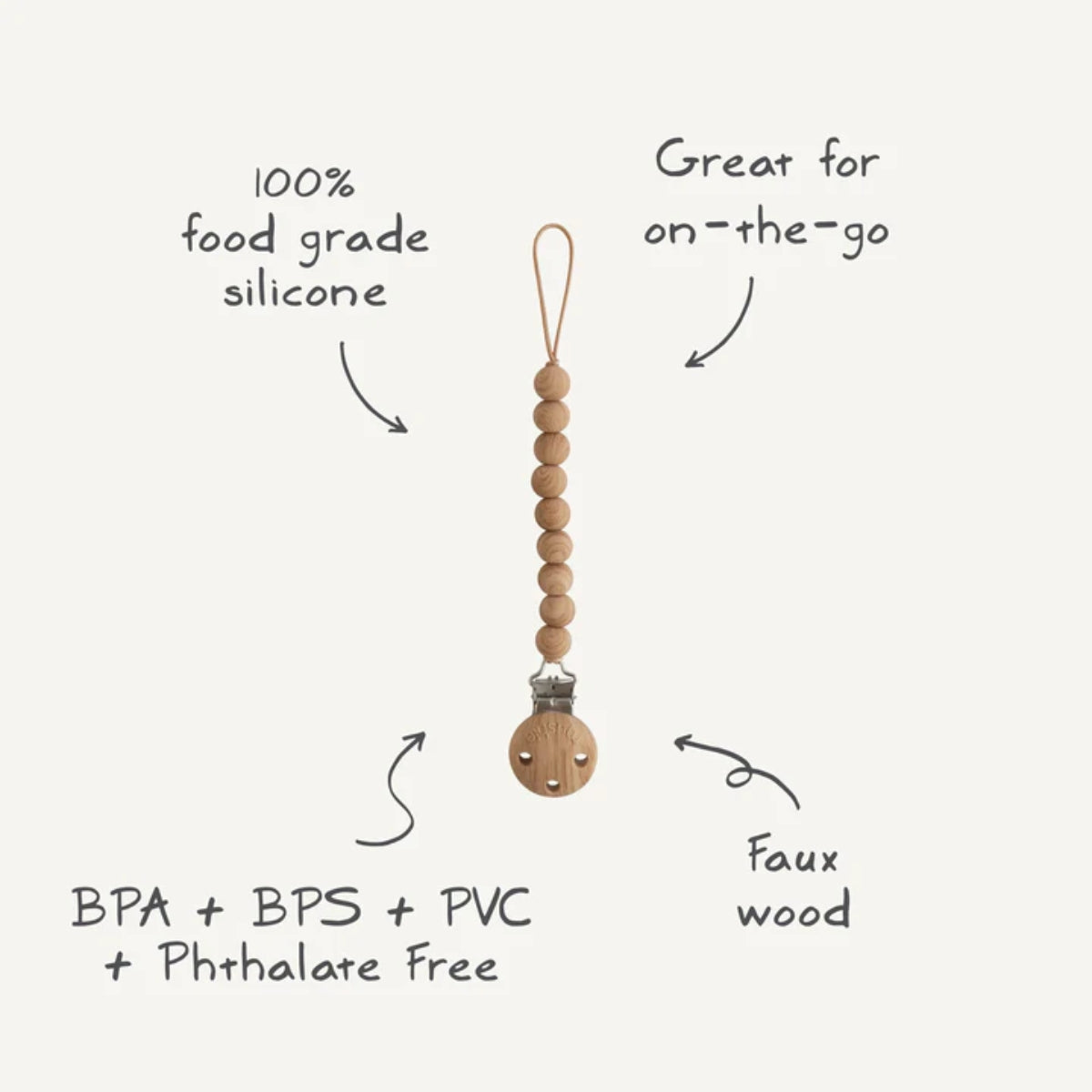 Mushie Silicone Pacifier Clip | Hera Faux Wood