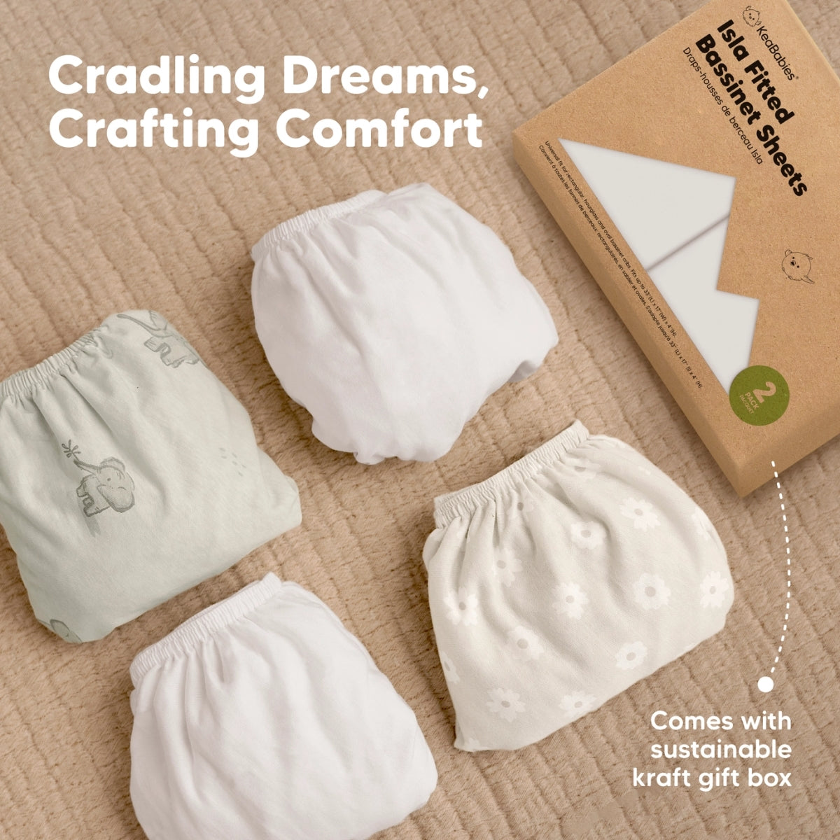 Keababies 2-Pack Isla Fitted Bassinet Sheets - Soft White