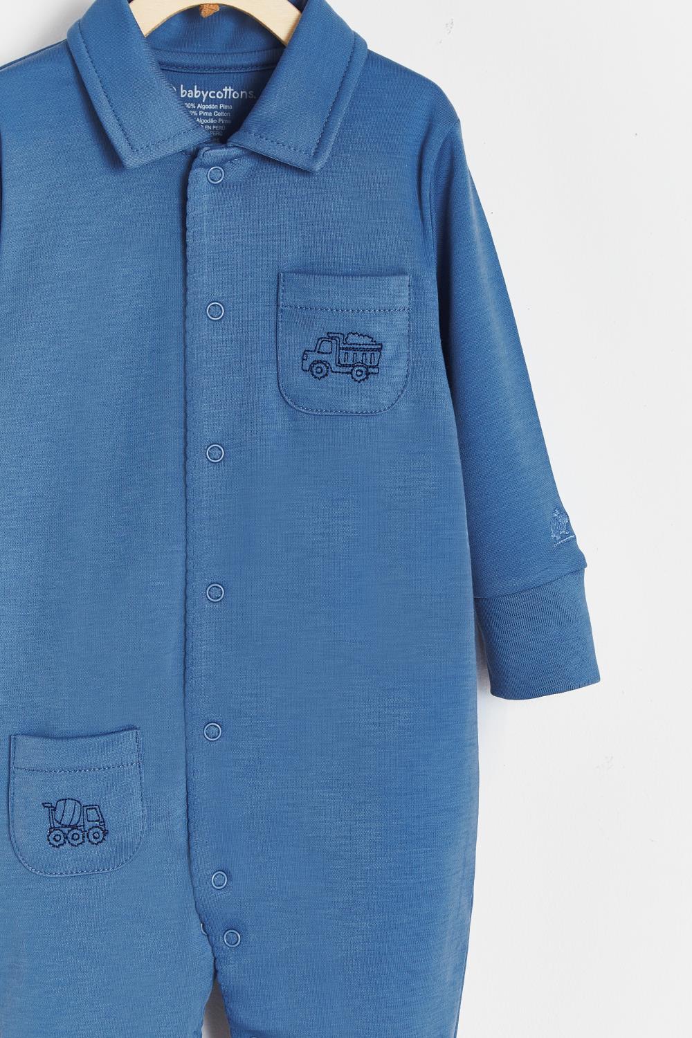 Babycottons Trucks Polo Footed Playsuit - Blue - Luna Baby Store Miami