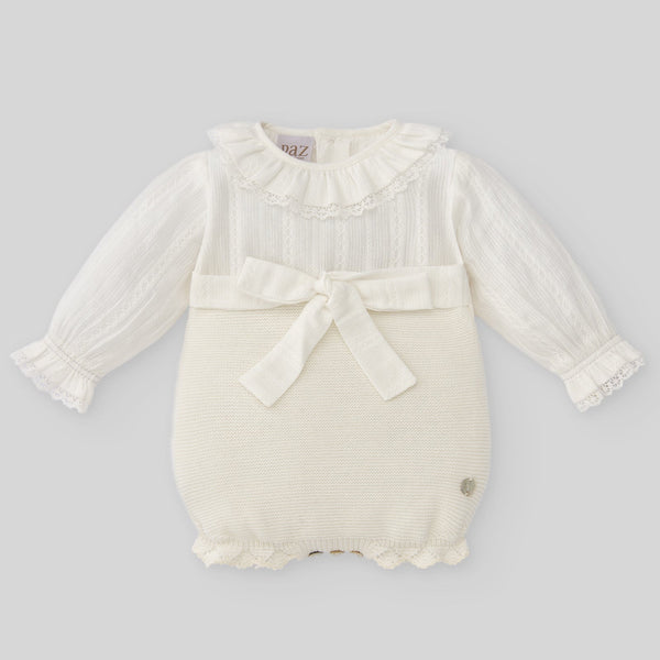 Paz Rodriguez Knit Newborn Romper Paz - Cream/Cream