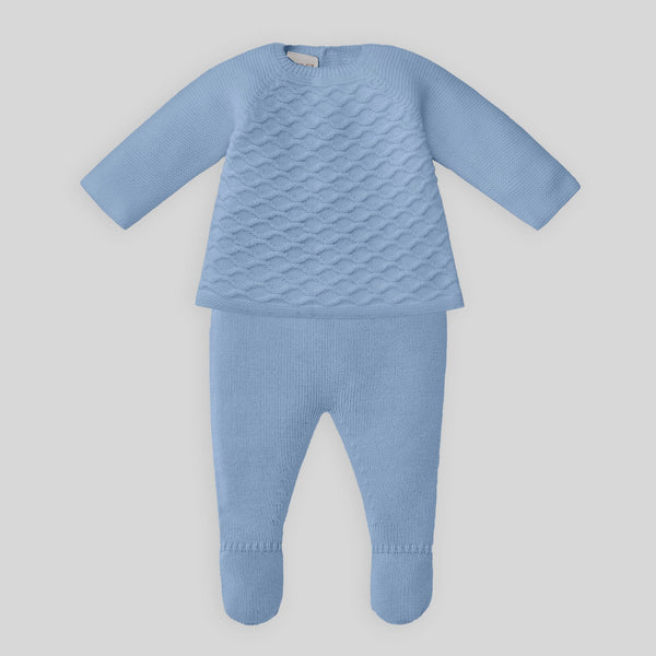 Paz Rodriguez Set Knit Newborn Sweater Pant & Hat - Blue Cloud