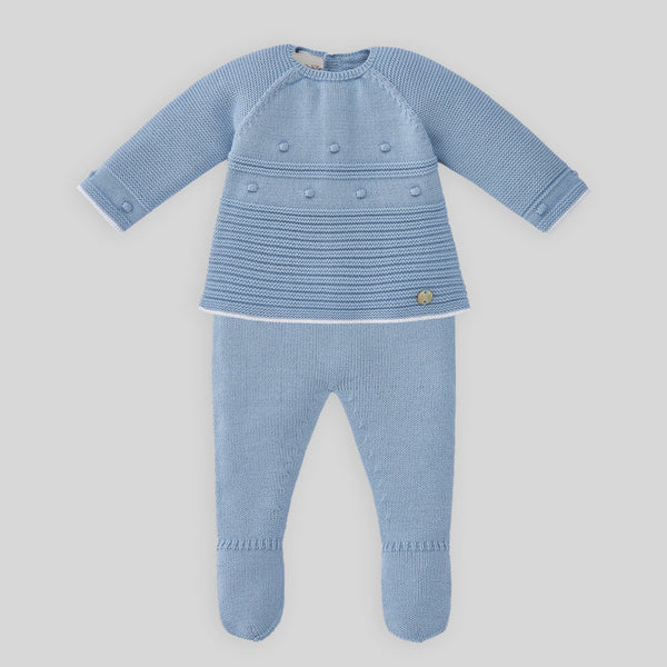 Paz Rodriguez Set Knit Newborn Sweater Pant & Hat - Blue Cloud/White