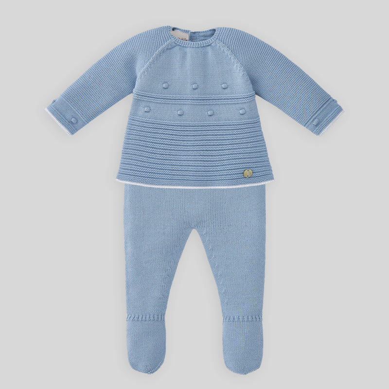 Set Knit Newborn Sweater Pant & Hat - Blue Cloud/White