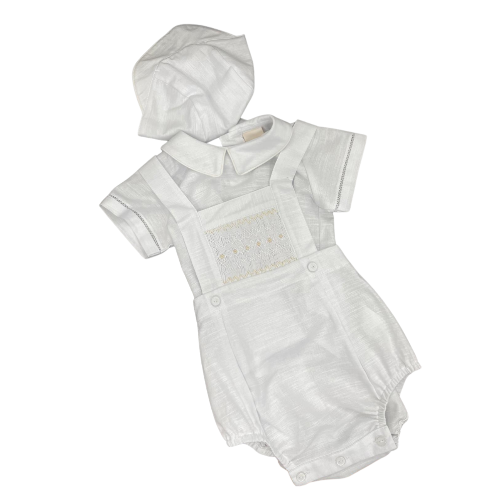 Smocked Baby Shortall Set - White on Luna Baby Store Miami