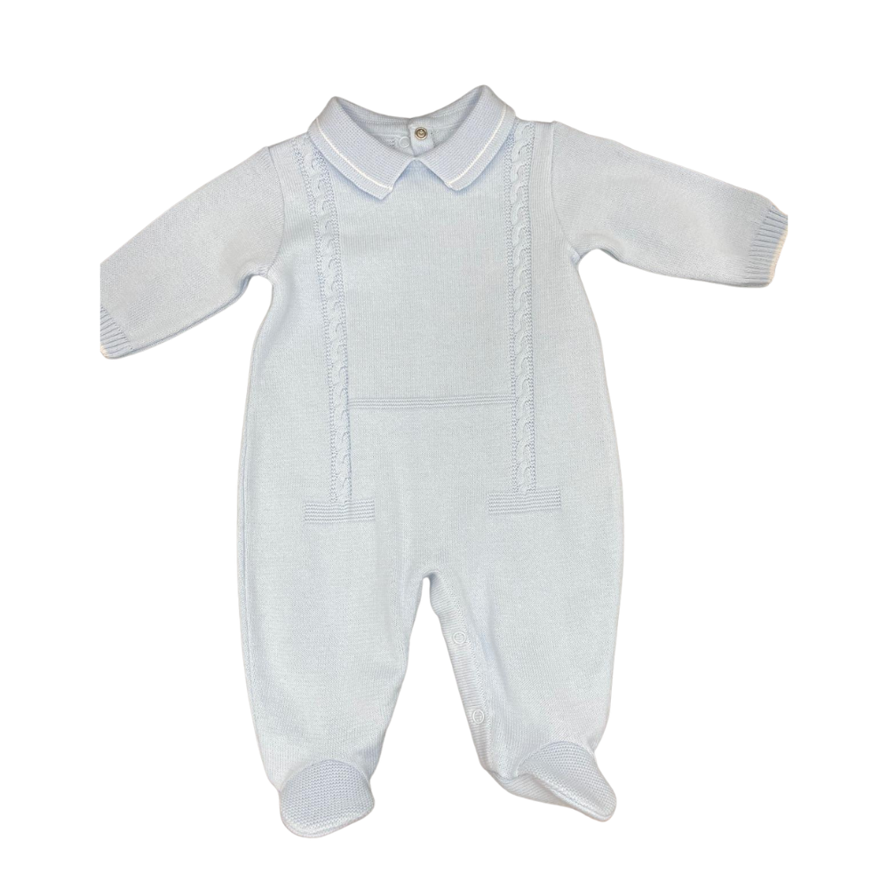 Knitted Jumpsuit With Collar - Light Blue