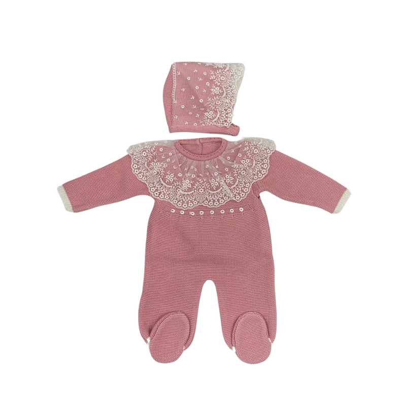 Luna Baby Knitted Romper Set With Delicate Lace And Hat - Pink