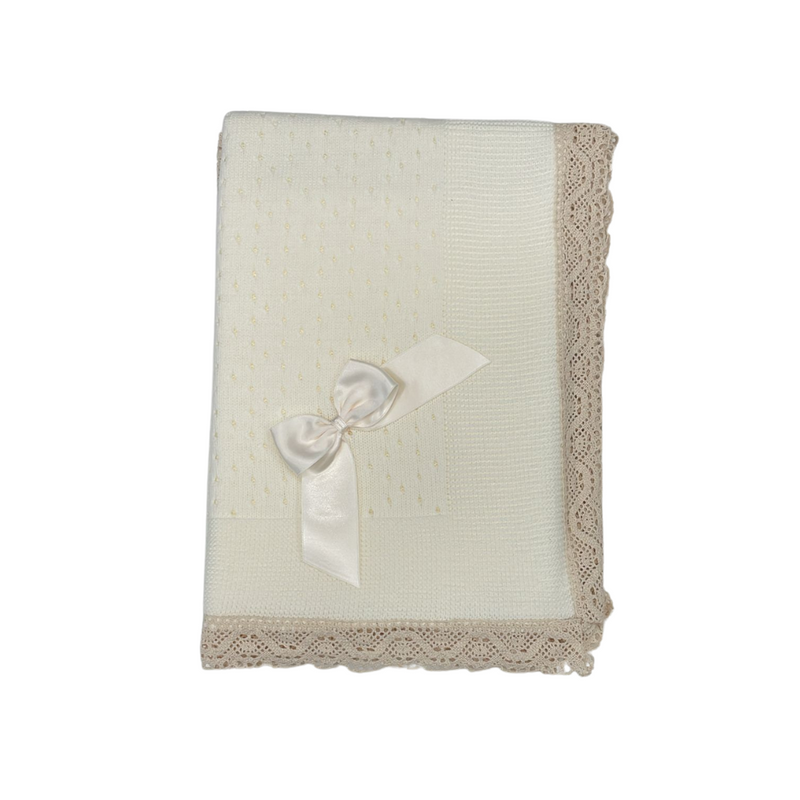 Luna Baby Knitted Baby Blanket With Embroidered Lace Details And Satin Bow - Beige