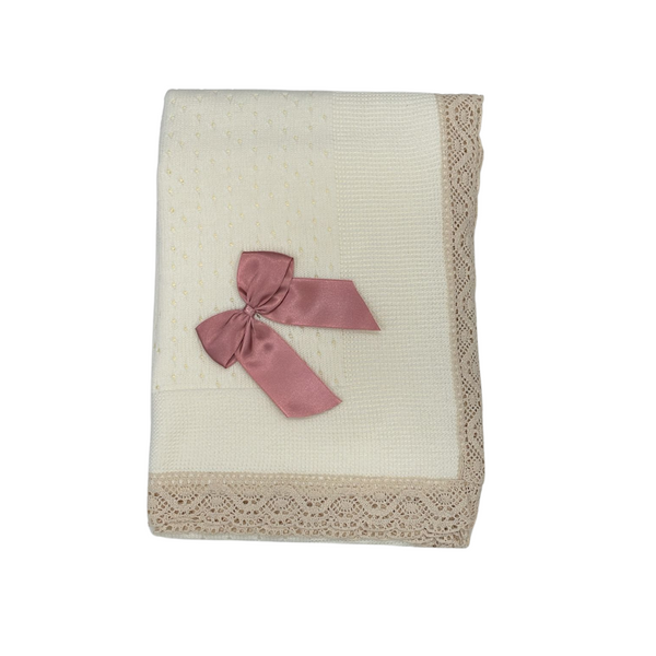 Luna Baby Knitted Baby Blanket With Embroidered Lace Details And Satin Bow - Beige Light Pink