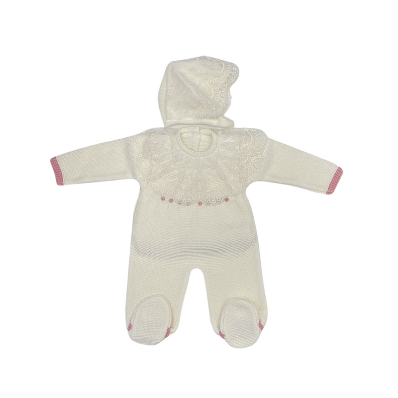 Luna Baby Knitted Romper Set With Delicate Lace And Hat - Beige Pink