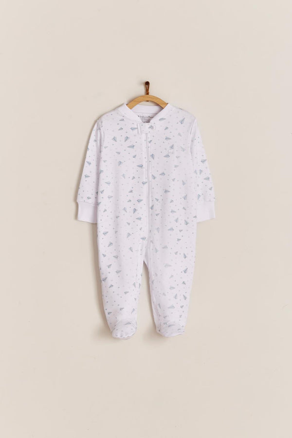 Babycottons Planes Zipper Footed Pajama White & Light Blue