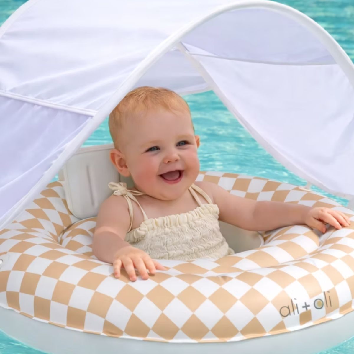Ali+Oli Baby Swim Seat with Sun Canopy - Tan Checkers