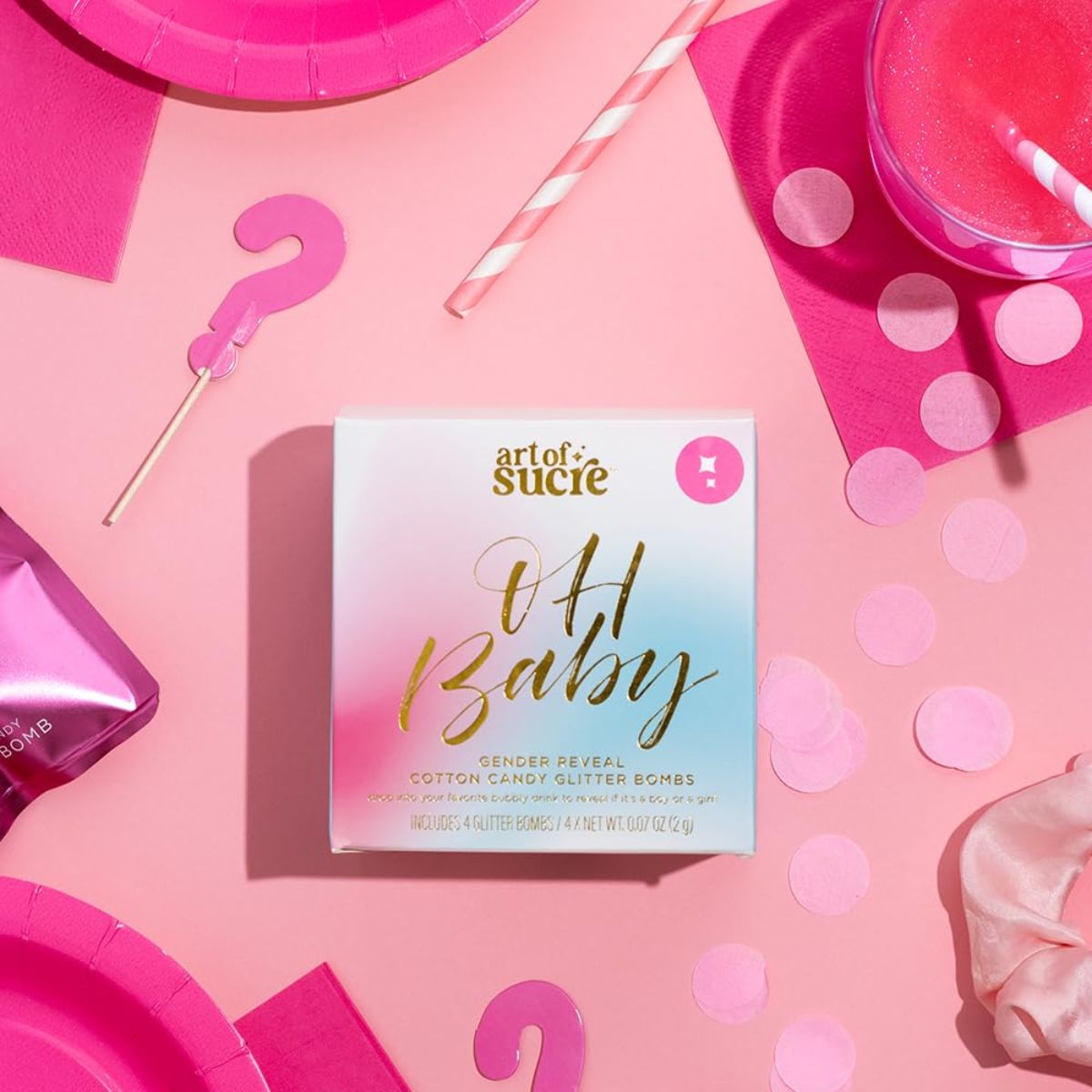 Art of Sucre Gender Reveal Drink Glitter Bombs - Pink - Hand-Spun Cotton Candy Design