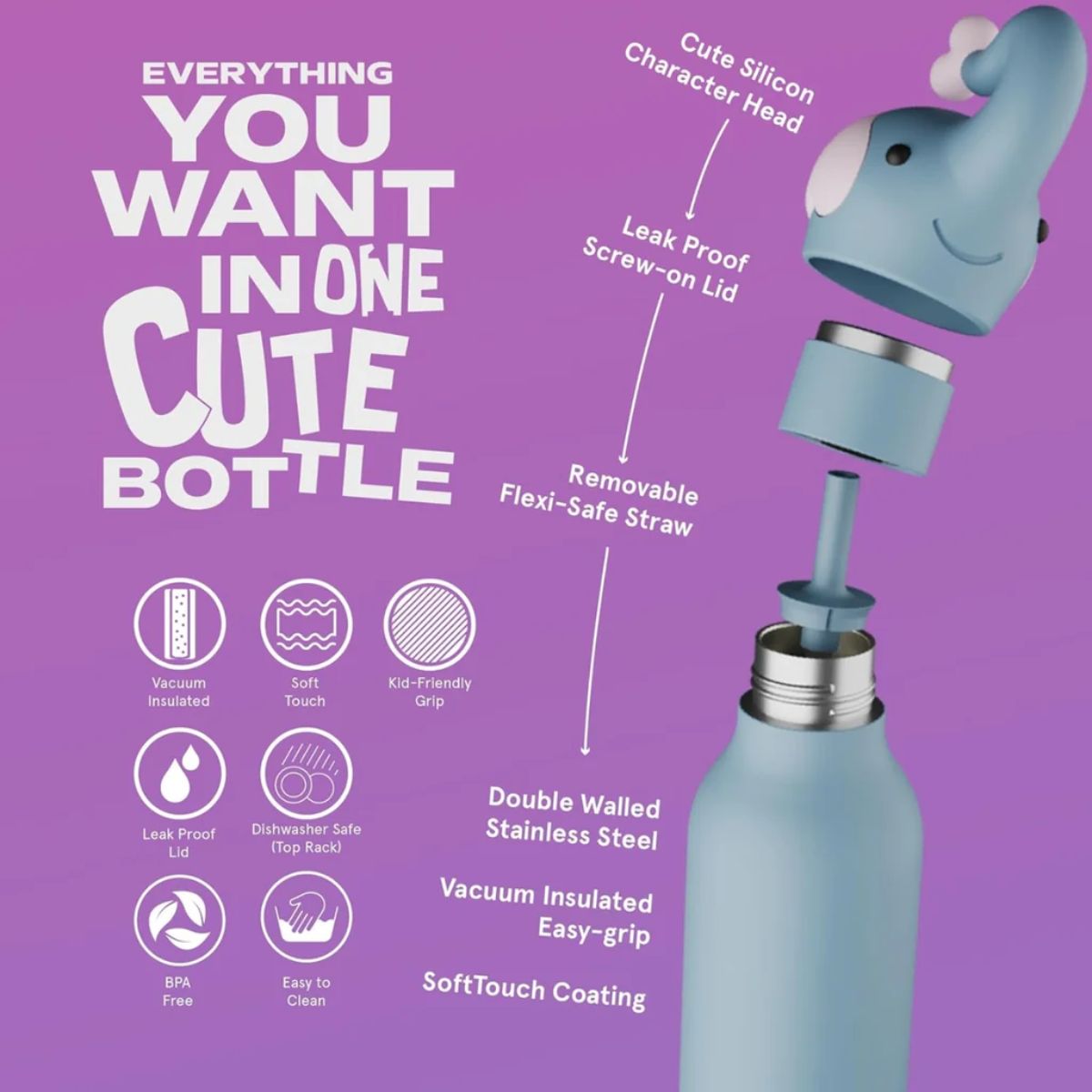 Asobu Bestie Insulated Kids Bottle 16 oz - Elephant on Luna Baby Store Miami