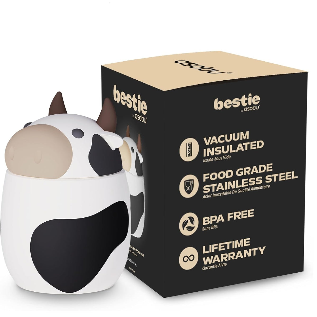 Asobu - Bestie Foodie Kids Insulated Food Jar - Cow - Leakproof & Easy to Carry