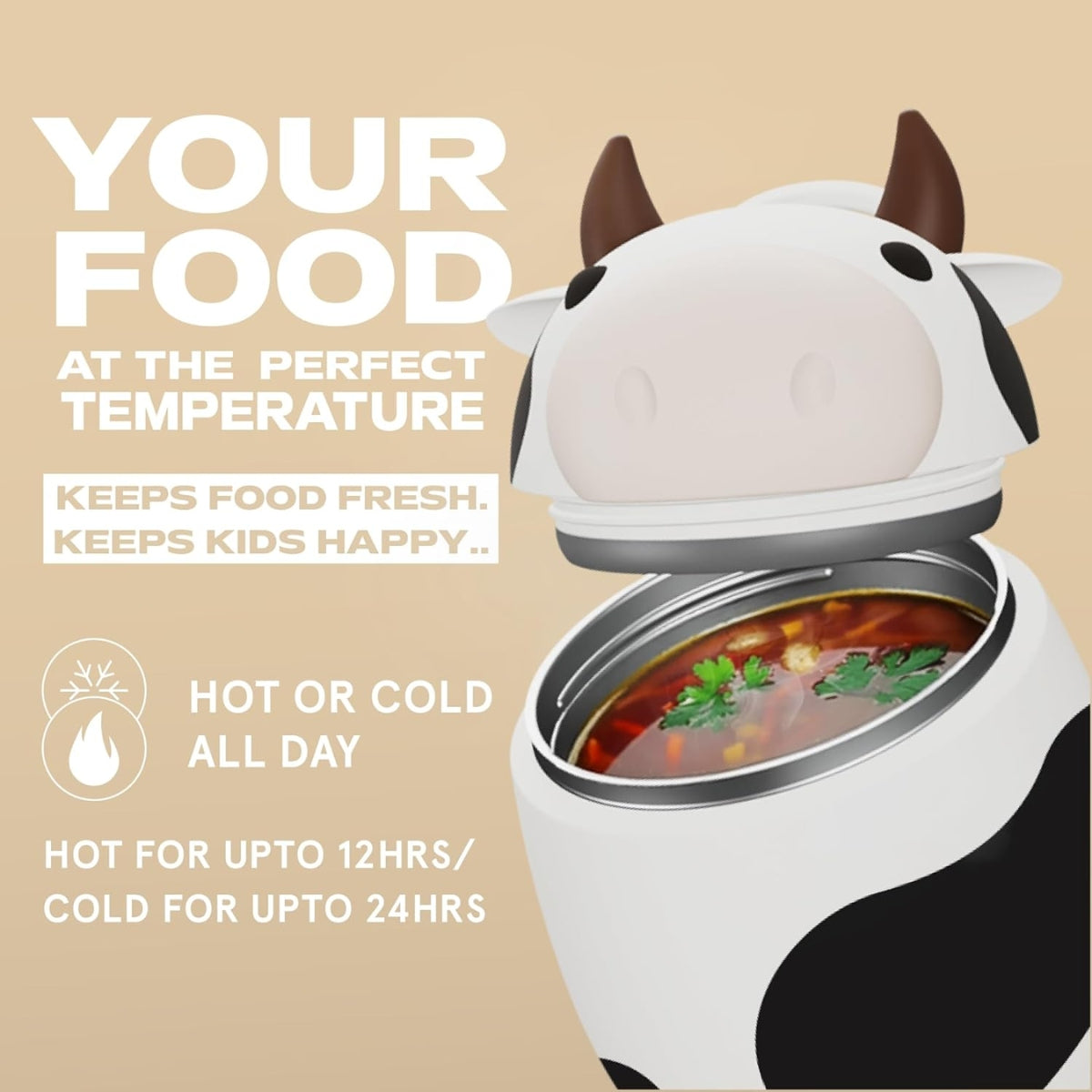 Asobu - Bestie Foodie Kids Insulated Food Jar - Cow - Keeps Meals Fresh for Hours