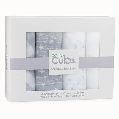 Comfy Cubs Baby Muslin Swaddle Blankets 4 Pack Grey - Luna Baby Store Miami