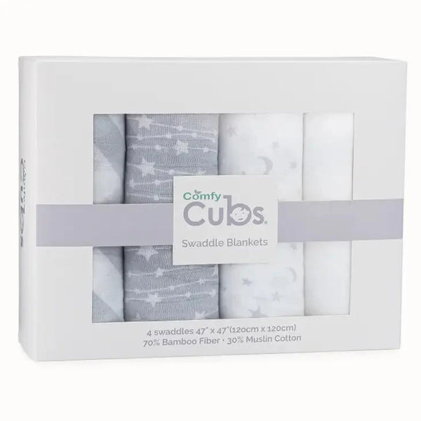 Comfy Cubs Baby Muslin Swaddle Blankets 4 Pack Grey