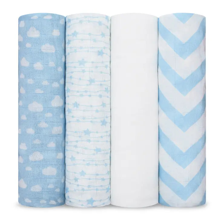 Comfy Cubs Baby Muslin Swaddle Blankets 4 Pack Blue - Luna Baby Store Miami