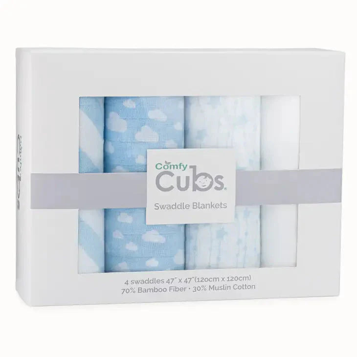 Comfy Cubs Baby Muslin Swaddle Blankets 4 Pack Blue - Luna Baby Store Miami