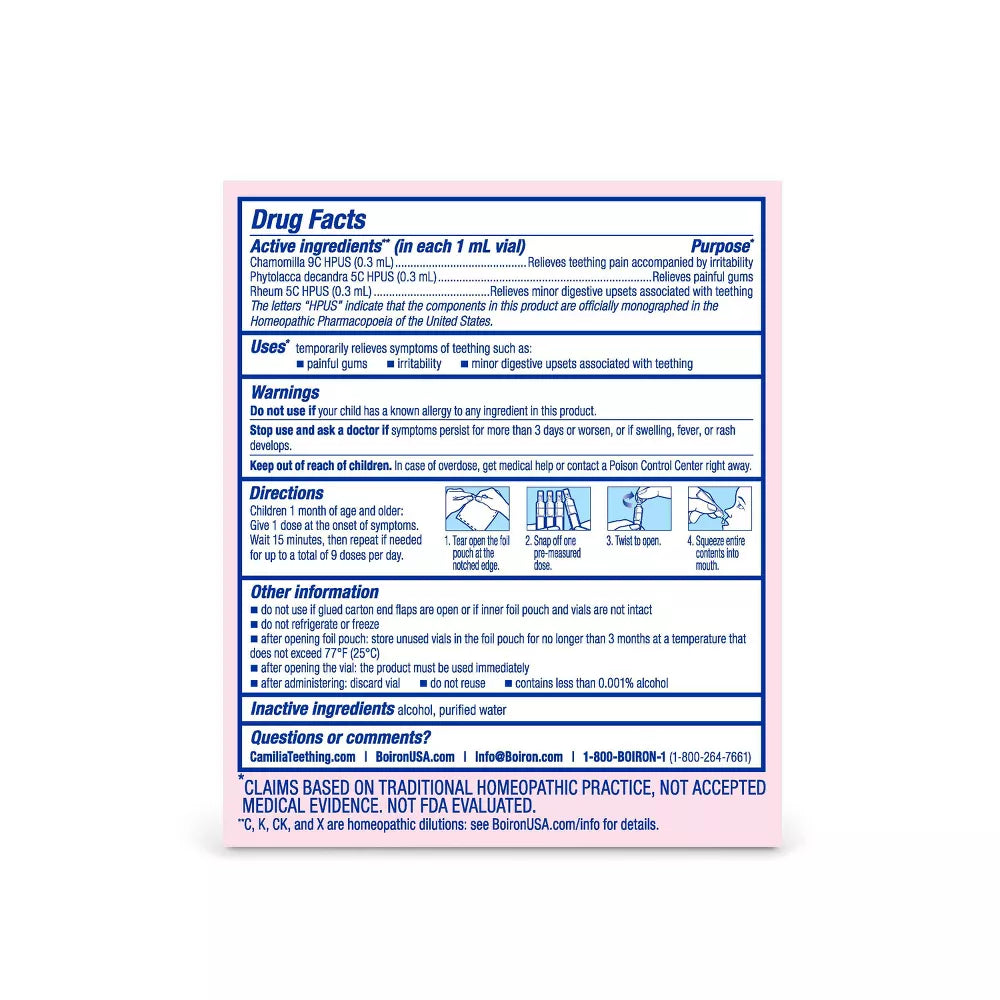 Boiron Camilia Homeopathic Medicine For Teething Relief 0.34 Fl Oz - 30 pack - Luna Baby Store Miami