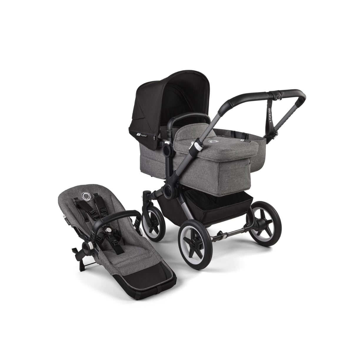 Bugaboo Donkey 5 Mono Bassinet and Seat - Midnight Black/Grey Melange/Graphite Chassis
