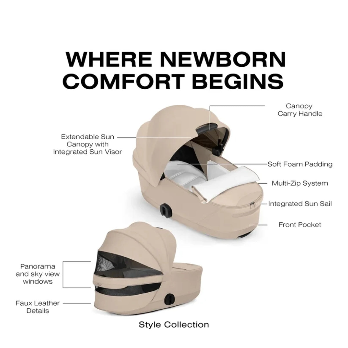 CYBEX PRIAM Fold Lux Carry Cot - Style Collection Cozy Beige on Luna Baby Store Miami