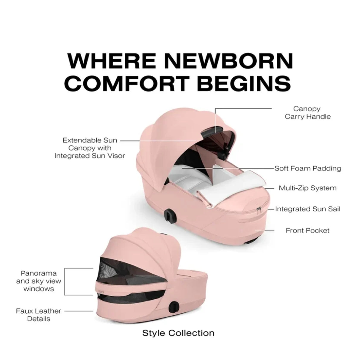 CYBEX PRIAM Fold Lux Carry Cot - Style Collection Peach Pink