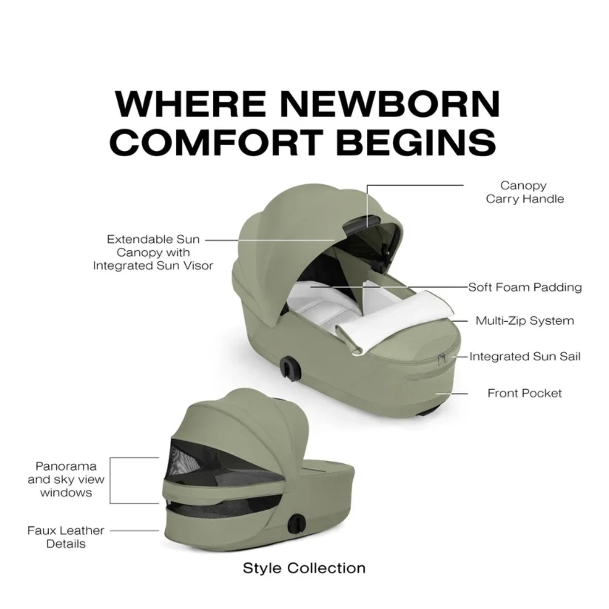 CYBEX PRIAM Fold Lux Carry Cot - Style Collection Sage Green on Luna Baby Store Miami