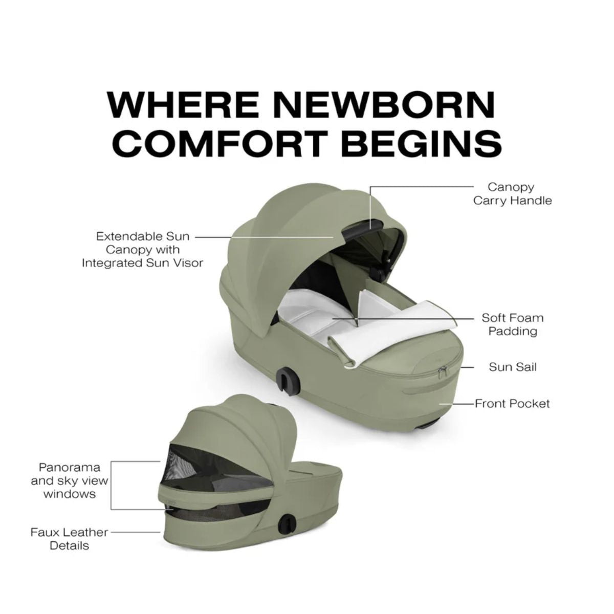 CYBEX MIOS/COYA Fold Lux Carry Cot Style Collection - Sage Green on Luna Baby Store Miami