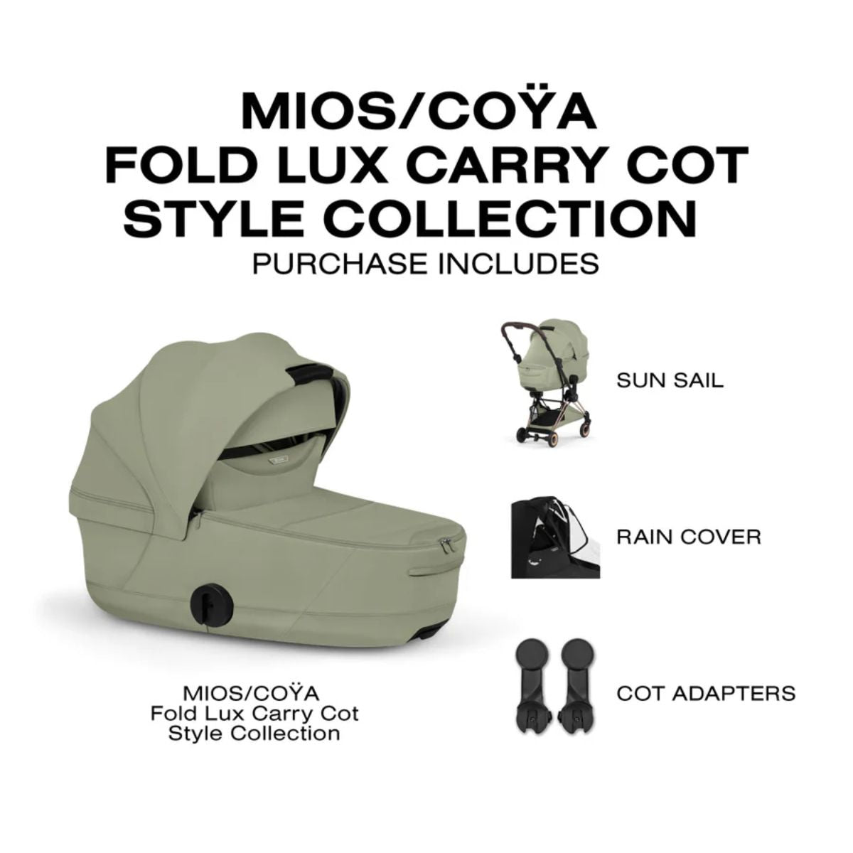 CYBEX MIOS/COYA Fold Lux Carry Cot Style Collection - Sage Green on Luna Baby Store Miami