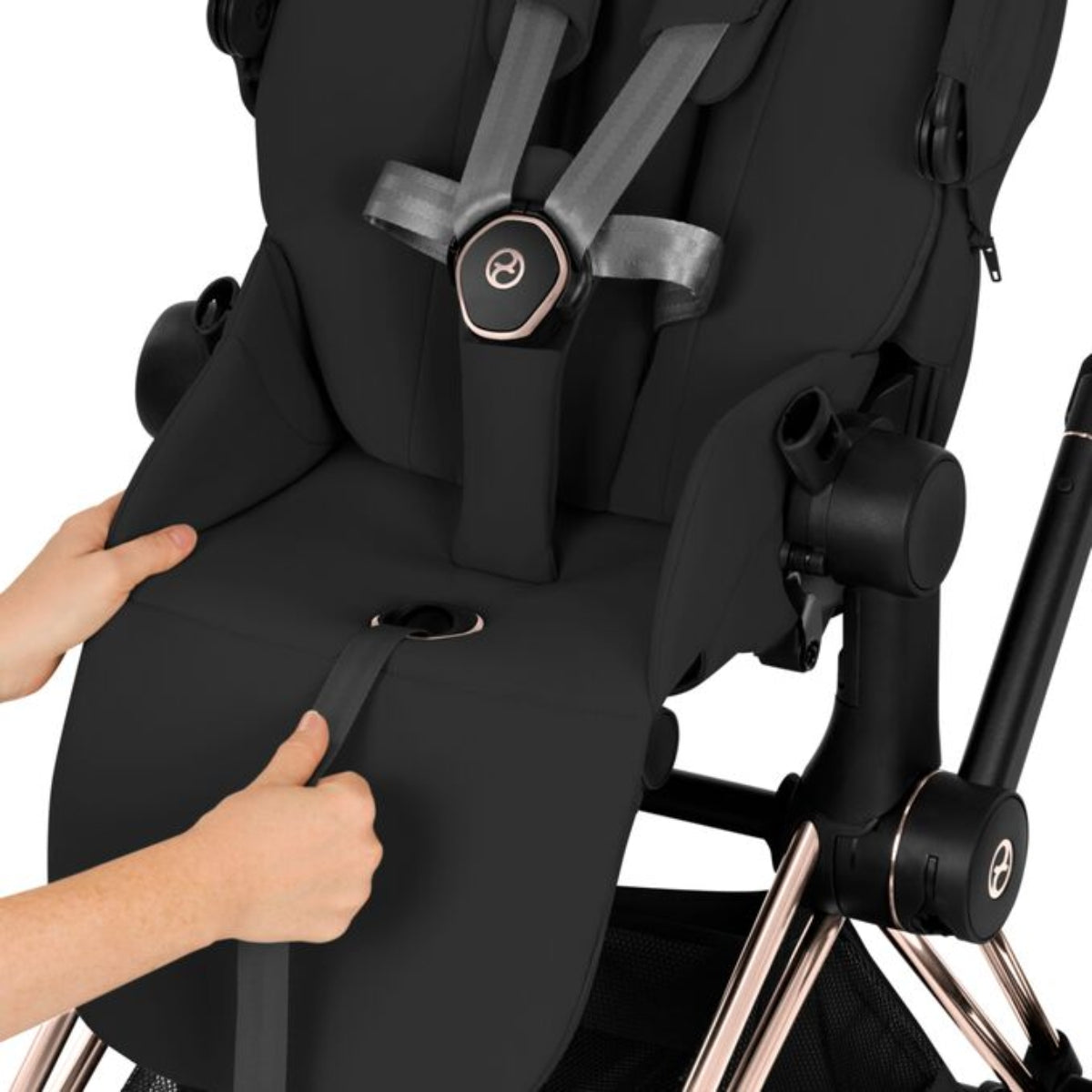 Cybex E-Priam Stroller - Comfort Collection Rose Gold/Brown Frame/ Sepia Black Lux Seat Pack on Luna Baby Store Miami