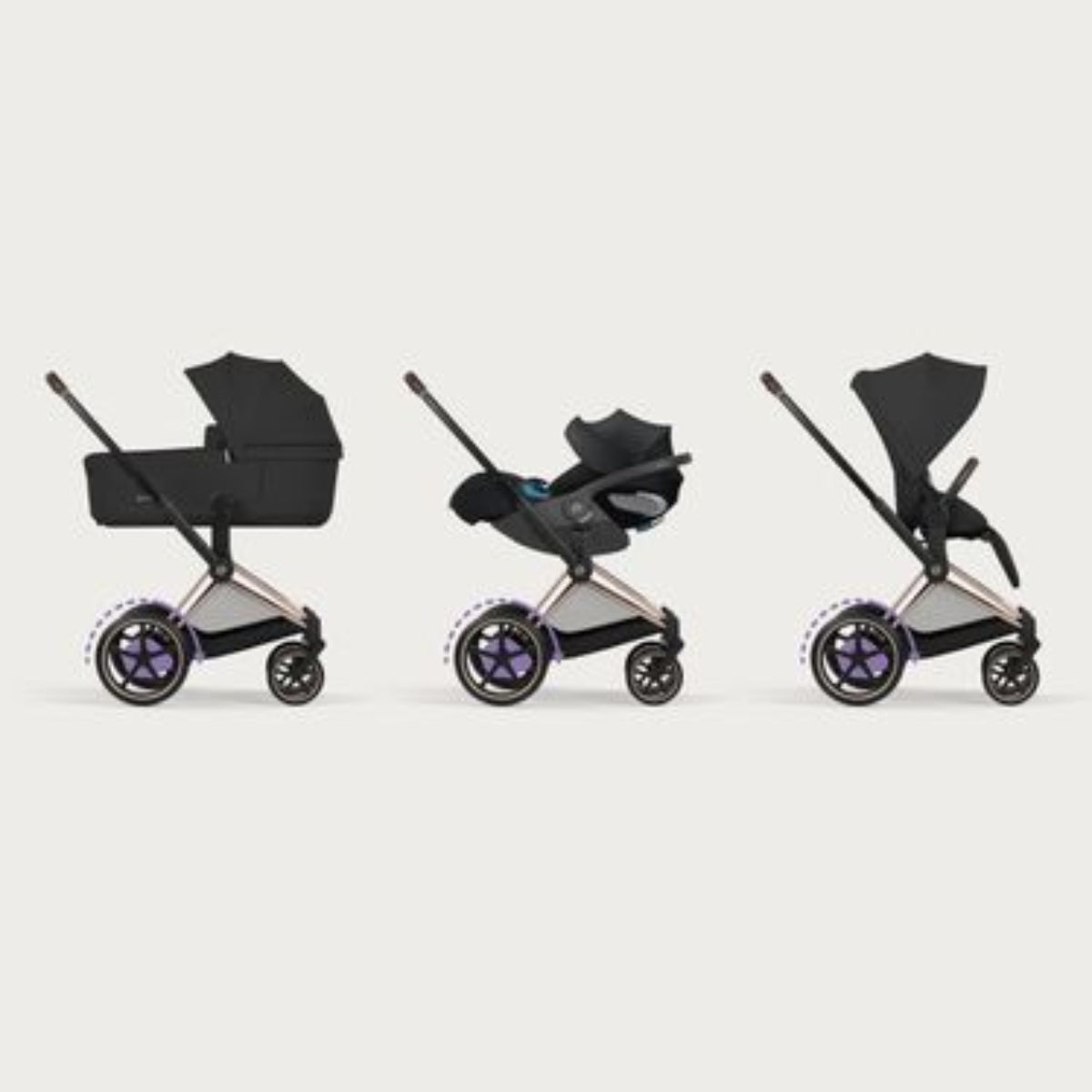 Cybex E-Priam Stroller - Comfort Collection Rose Gold/Brown Frame/ Sepia Black Lux Seat Pack on Luna Baby Store Miami