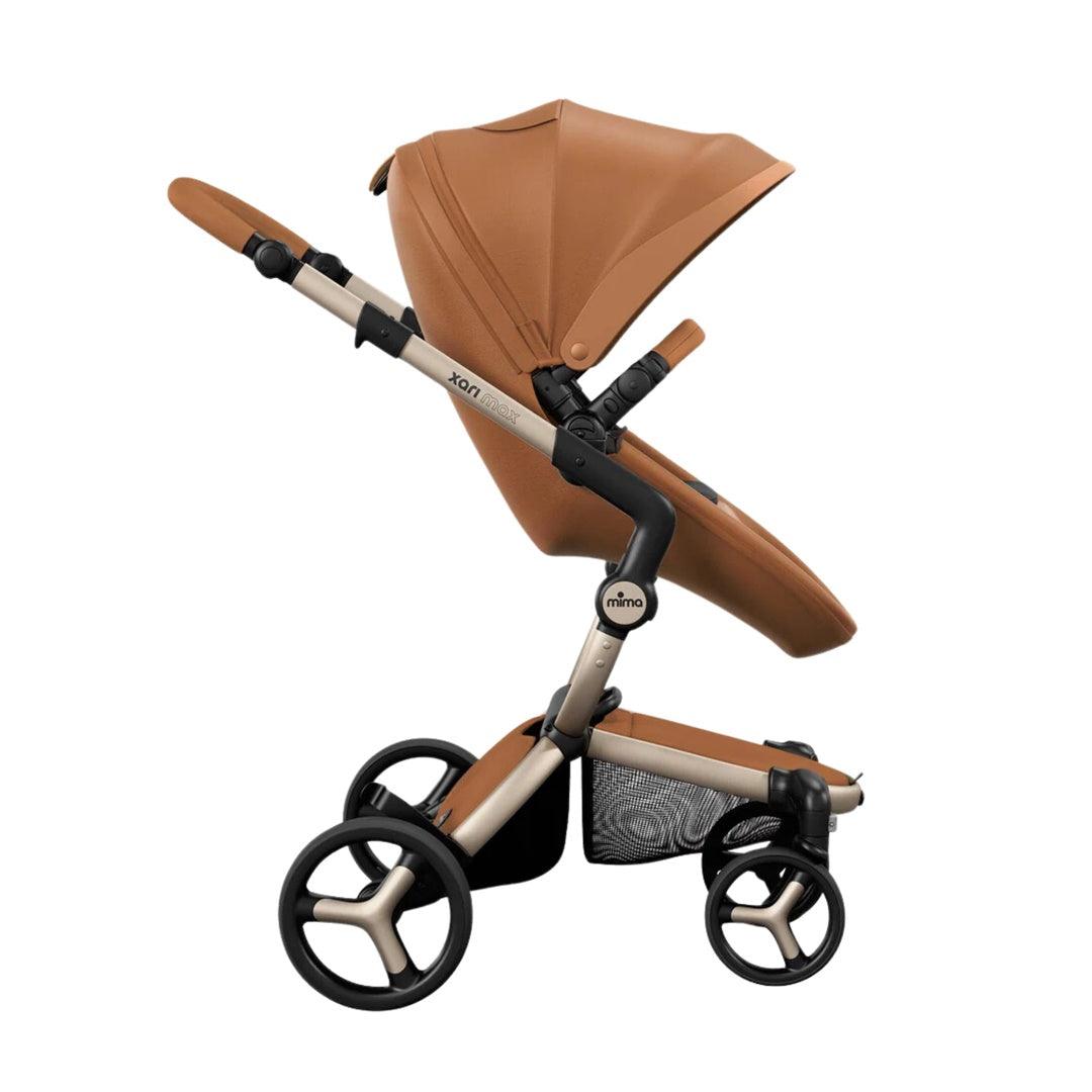 Carrinho de Bebê Mima Xari Max Caramelo Com Estrutura Champanhe e Assento Preto - Mima Babytunes