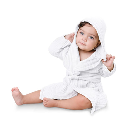 Comfy Cubs Muslin Hooded Baby Bath Robe 100% Cotton White - 6-12M