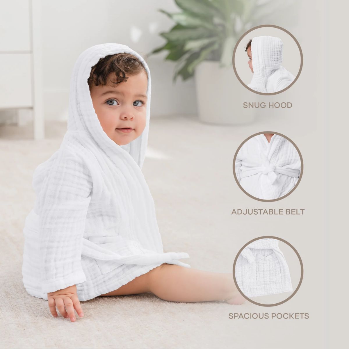 Comfy Cubs Muslin Hooded Baby Bath Robe 100% Cotton White - 6-12M